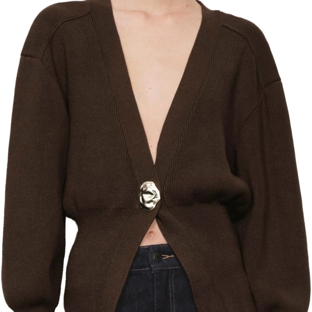NWOT Brown V-Neck Sweater with Gold Button - Picture 2 of 9